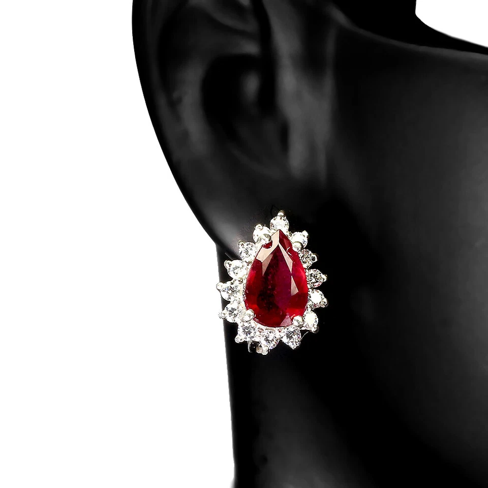Orecchini In Argento Sterling 925 Con Rubino Naturale Gemma 9x6mm - Immagine 2 di 4