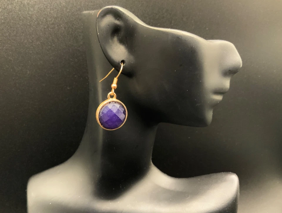 PENDIENTES Gancho Colgante Redondo Amatista Facetada PÚRPURA Simulado Tono Dorado Foto 2 de 4