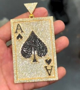 Authentic 4.10Ct Round Cut Simulated Diamond Mens Card Pendant 2.5' 14K Yellow Gold Plated