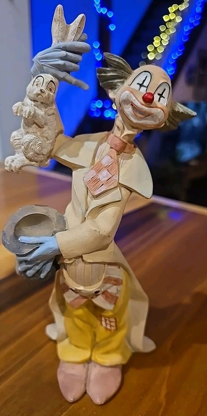 Vintage Ceramic Clown Magician Holding Rabbit in Top Hat Figurine