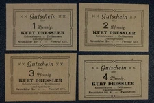 4 x Cottbus: 1, 2, 3 + 4 Pfennig O.D. Kurt Dressler Colonial Goods Delicatessen
