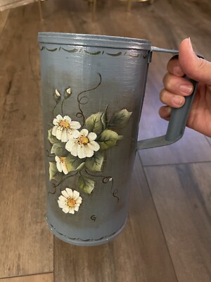 Antique Hand Painted Tole Tinware Folk Art Decorative Flower Pitcher
