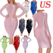 US Womens Oil Shiny Bodycon Mini Pencil Dress Round Neck Hip Wrap Dress Clubwear
