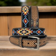 Genuine Leather Beaded Western Men Belt Embossed Handmade With Removable Buckle