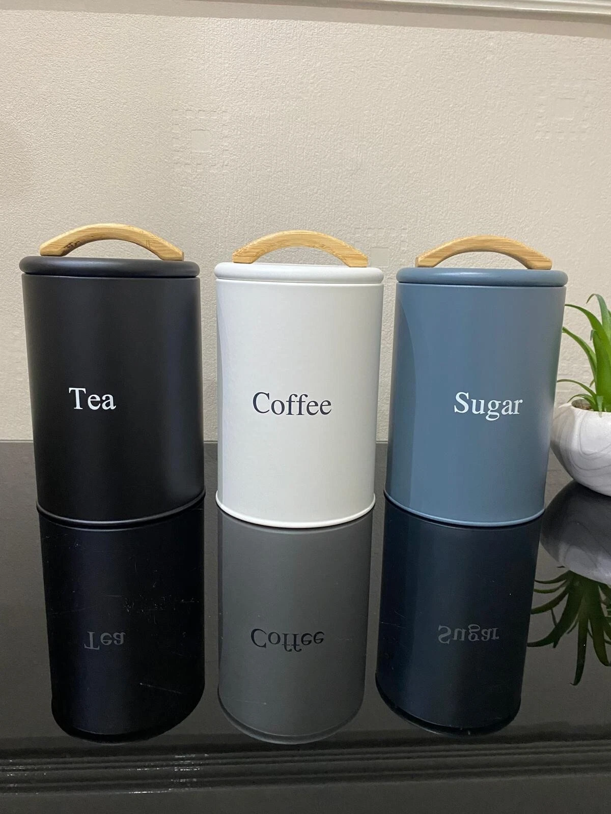 Set of 3 Green Tea, Coffee, Sugar Canisters – Lids With Black Handles
Opens in a new window or tab