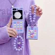 3D Cute Retro Phone Case For Samsung Galaxy Z Flip 5 4 3 Silicone PC Cover Chain