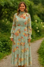 Baltic Born Women's Size Small Sage Floral Long Sleeve Ruffle Maxi Dress