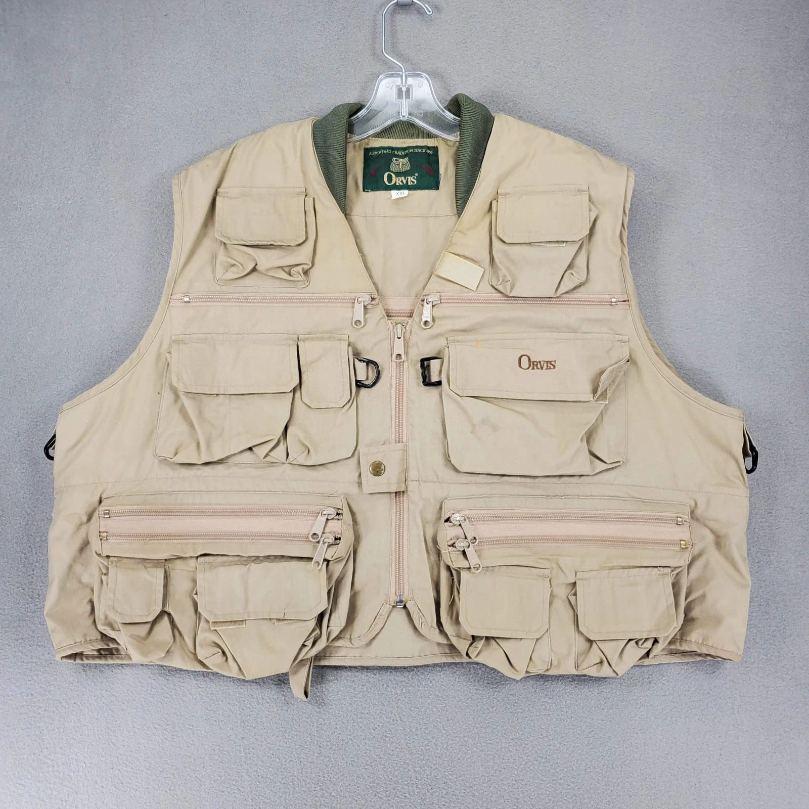 Vintage Orvis Fly Fishing Vest Sz XL Khaki Tan Utility Full Zip Pockets Hong Kon