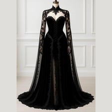 Vintage Gothic Black Wedding Dresses with Cape A Line Bridal Gowns Tulle