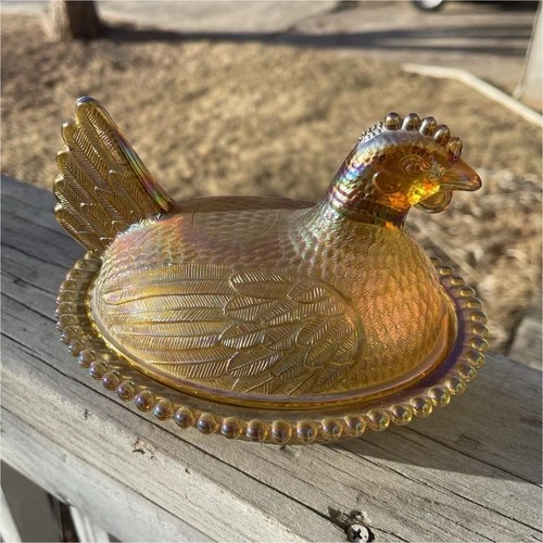 Hen on a Nest Gold Iridescent Indiana Glass HON MCM 7” vintage amber candy dish