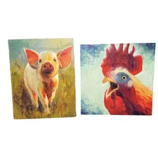 Farmhouse Rustic Piglet & Rooster Set Of 2 Abstract Farm Animal Wall Art Kitchen