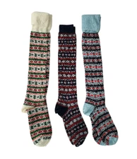 Vtg New 3 pair Retro Knee Socks Fair Isle Nordic Women Lot NOS Two Feet Ahead