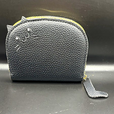 Black Zip-Around Cat Card Wallet Solid Zipper Accent Women's Credit Card