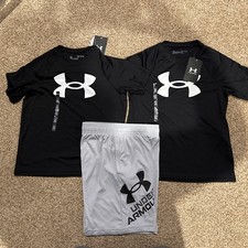 Lot of UA Under Armour YSM Youth Small Black Shirts And Grey Shorts NWT