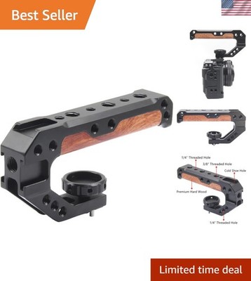 Universal Wooden Camera Handle with 3 Cold Shoes - Fits Most DSLR Cages