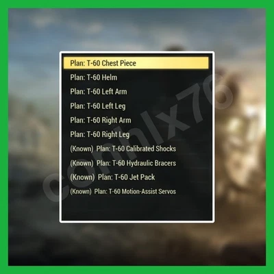 FALLOUT 76 ☢️ T60 Power Armour Full Set Plans☢️ PS4/5 and PC only.