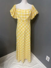 Yellow & White Checkered Dress CROWN & IVY Puff Sleeves Full Skirt Sz16