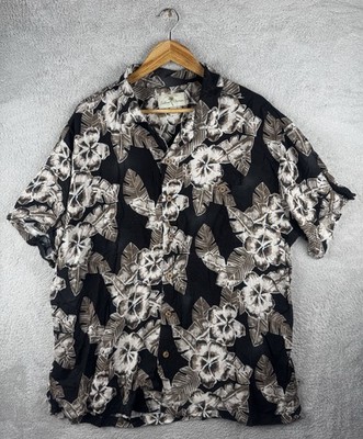Island Shores Hawaiian Shirt XXL Black Floral Tropical Rayon Aloha Camp Collar