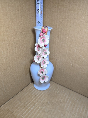 Vintage Japan porcelain light blue aqua gold trim bud flower vase grape leaves 