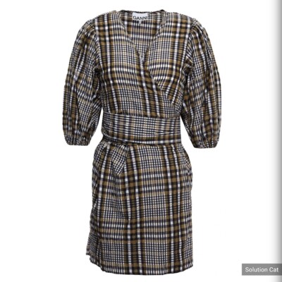 ★Ganni★ Stretch seersucker wrap dress Lovemotion F7663487 MUSINSA | GANNI Stretch Sicher Wrap Dress - Love Motion