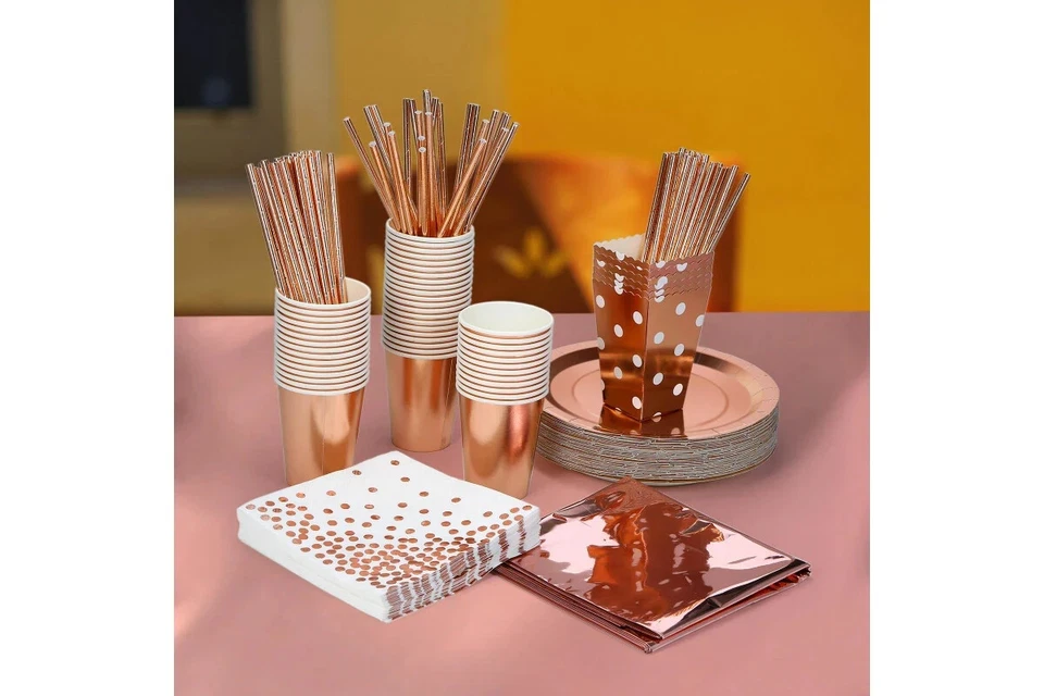 Roségold Geburtstagsdeko Partygeschirr Pappteller Set 73 Teilig - Bild 3 von 4