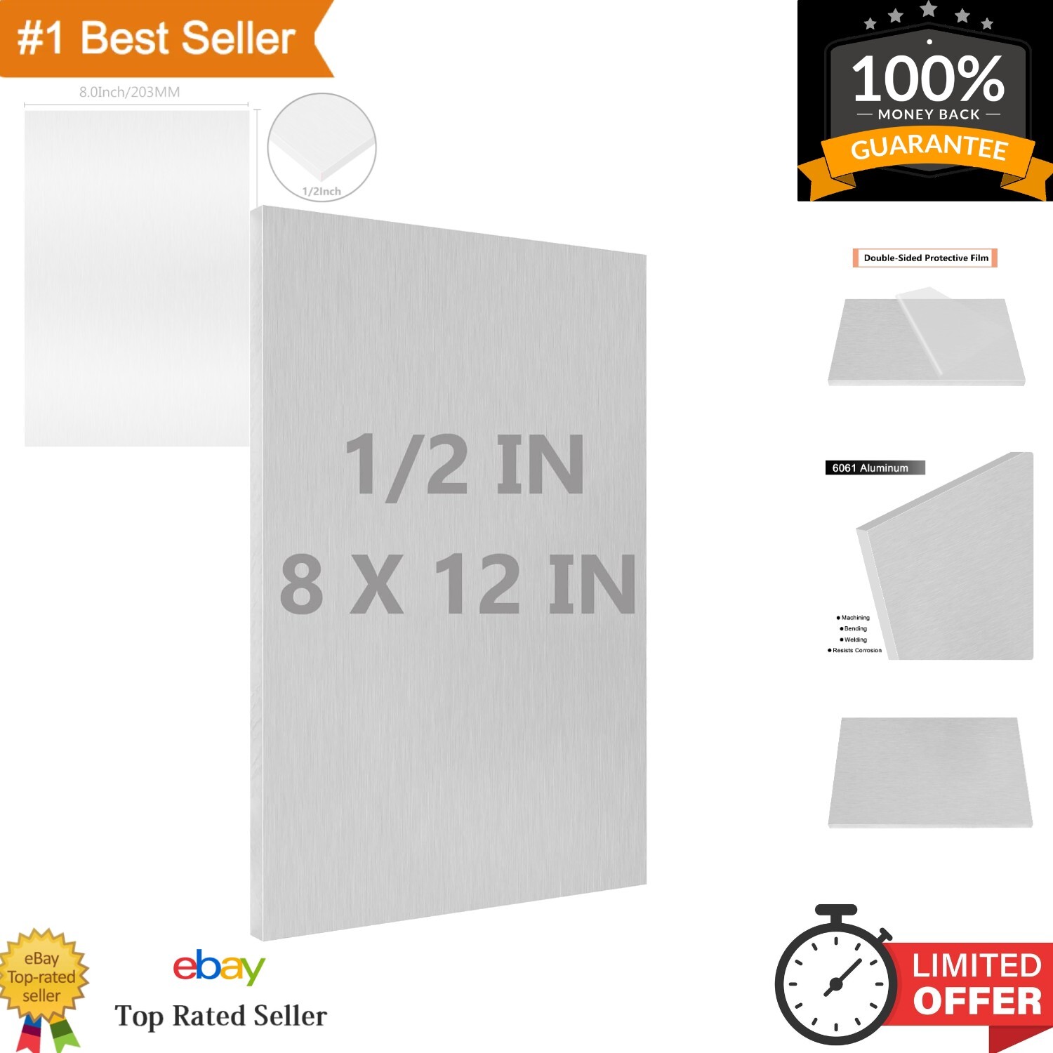 6061 T651 Aluminum Sheet Metal 8" x 12" x 1/2" Durable & Heat