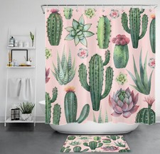 Tropical Cactus Succulent Plant on Pink Shower Curtain Set for Bathroom Decor