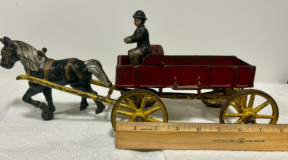 Antique c. 1900 Cast Iron Wagon & Horse Toy with Vibrant Patina