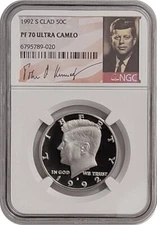 1992-S NGC PF70 Ultra Cameo Clad Proof Kennedy Half Dollar 50C Signature Label