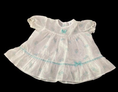 Vintage Baby Kleid weiß grün 80er Puffärmel Spitzenbesatz 0-6 Monate