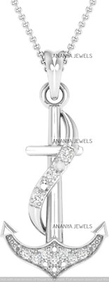 925 Sterling silver 0.045 cttw Round Cut Diamond Anchor Charm Pendant Necklaces