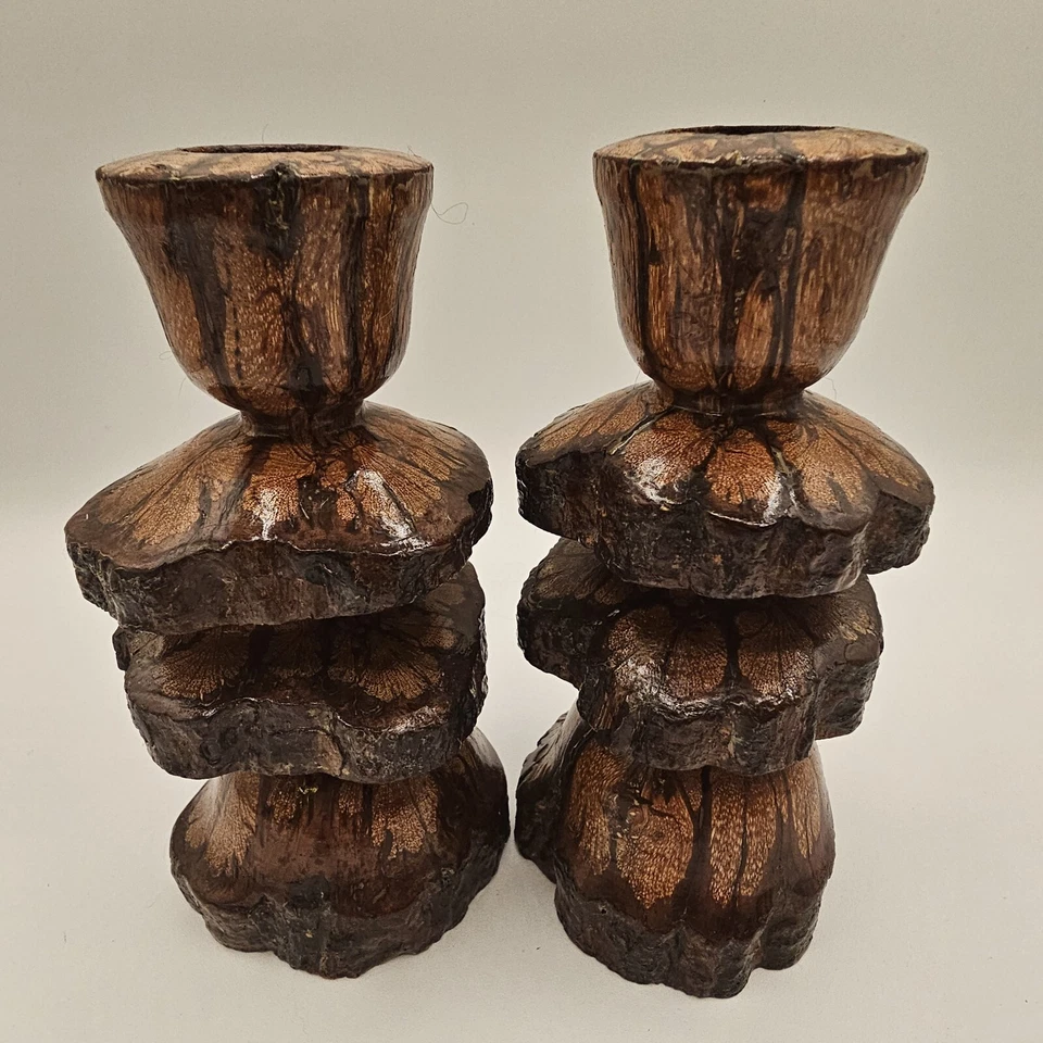 Candelabros de madera de crisantemo vintage hechos a mano cabaña rústica Foto 2 de 4