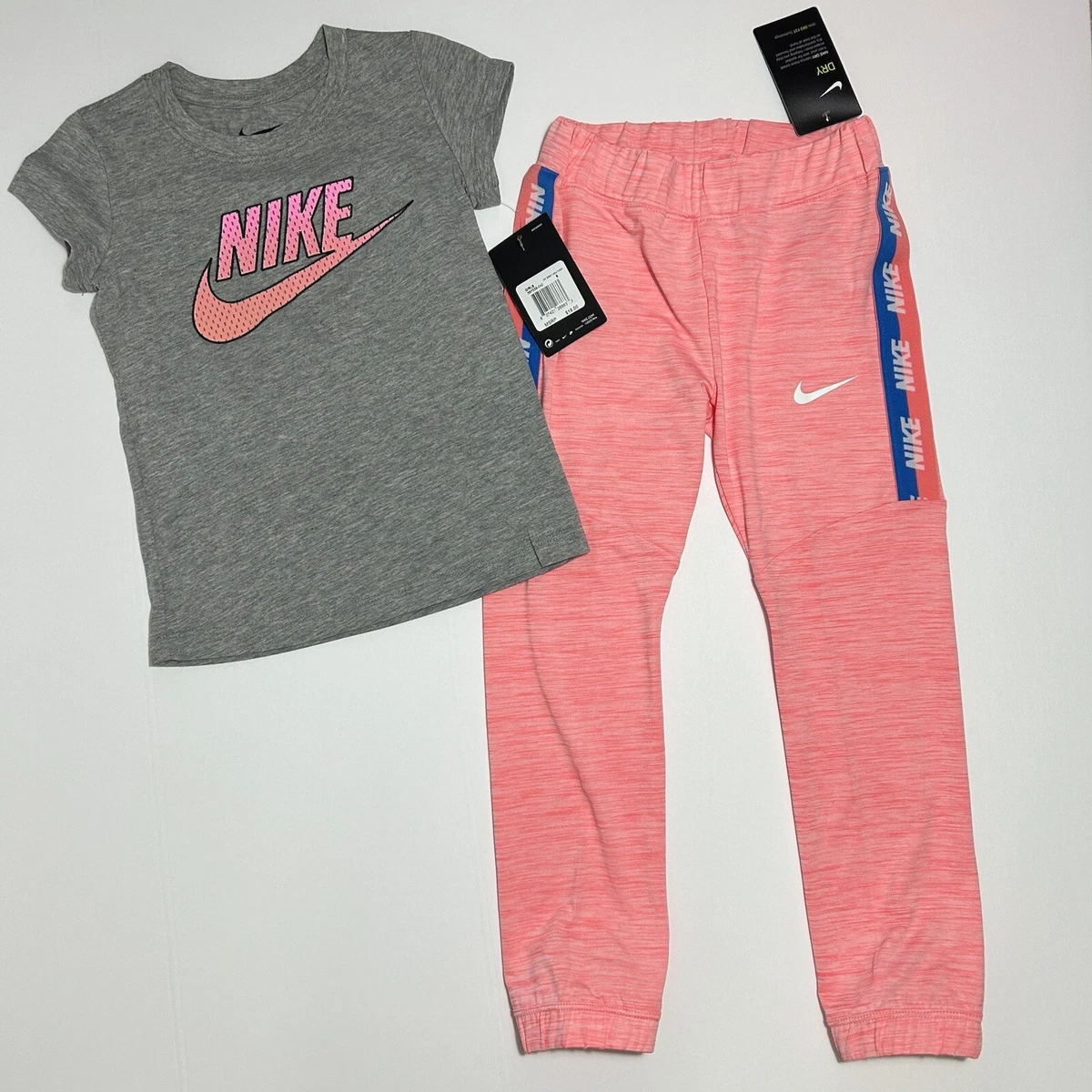 Nike Girls Tee Shirt & Dri- Fit Joggers Pants Set Outfit Grey Pink Sz 6 6X