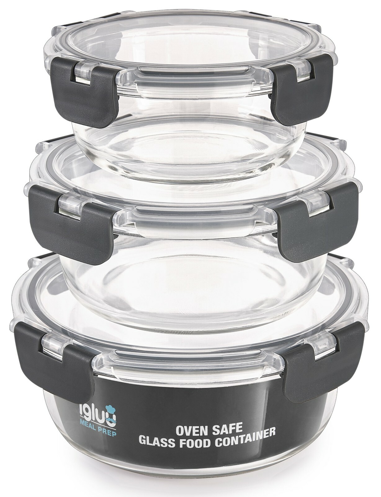 Igluu Glass Food Storage Container Round Meal Prep Microwave Safe - 3 Sizes