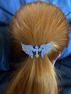 New! Hair Tie/Cross &Wings/ Ornate 2 inch wide /Rhinestone 
