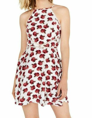 B. Darlin Red Size 1/2 Junior A-Line Dress Floral Ladder Stitch Halter $69 286