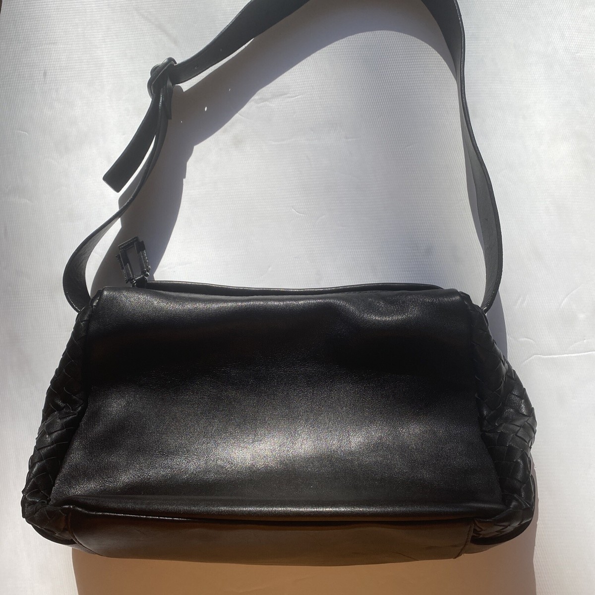 Mazzini Black Leather Bag Woven Sides Purse Handbag Adj Mazzini Black Leather Bag Woven Sides Purse Handbag Adj