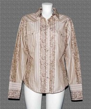 VTG Roper Brown Stripes Embroidered Look Paisley Pearl Snaps Shirt Wm's L WORN 