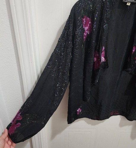 Vintage 80er Sister Max Damen Cardigan Jacke vorne offen schwarz Pailletten Perlen Seide M - Bild 2 von 13