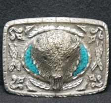 XD27116 VINTAGE 1970s  BISON HEAD  WILDLIFE ANIMAL ARTWORK MENS BELT BUCKLE