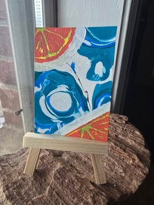 ACEO Original Mixed Media Art Card - Oranges 4 - Block print on water marbeling