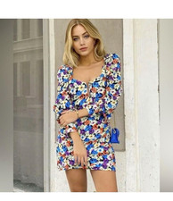 Zara Multicolor Floral V-Neck Ruched Puff Long Sleeve Mini Bodycon Dress S