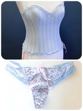   Cute Baby Blue Pastel Pinstripe Vintage Retro Y2K Coquette Corset Basque Set