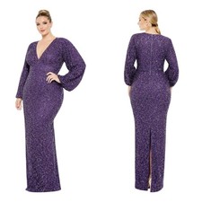 Amethyst Purple Sequin Puff Sleeve V-Neck Gown Size 16 NEW