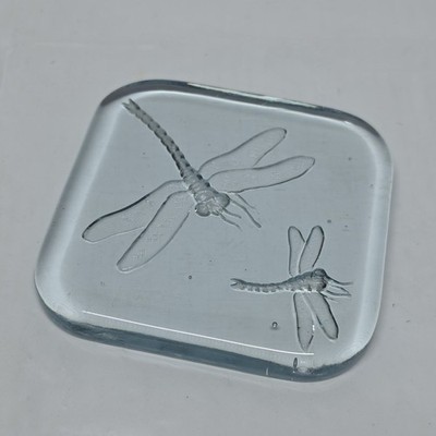 Vintage Dragonfly Aqua Glass Block Trivet Tile Paperweight Art Deco Boho Summer
