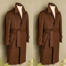 Cashmere Men's Overcoat Brown Long Jacket with Belt Jacket Winter Casual Coat
