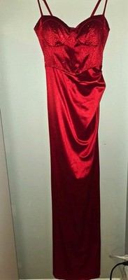 B. Darlin Red Satin Maxi Dress Sweetheart Rhinestone Bustier Bow Juniors 5/6