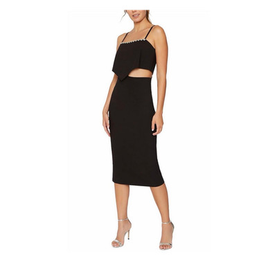 LIKELY JOSIE Black Solid Midi Bodycon Sheath Dress Square Spaghetti Strap M