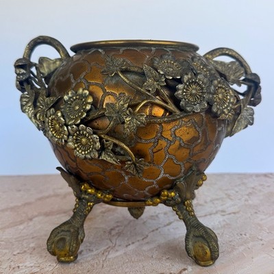 Antique Art Nouveau Copper Bronze Floral Oil Lamp Base Planter Cachepot c1900