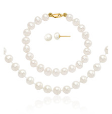 14K Solid Yellow Gold 5mm White Freshwater Cultured Pearl Bracelet Necklace ...